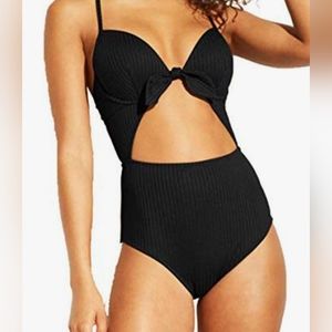 Womens one piece bathing suit. Lifted, ribbed,rosegold hardware, front cut out.